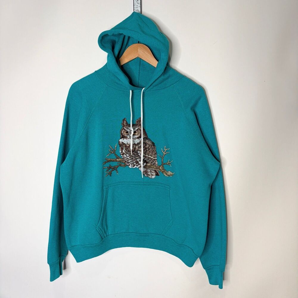 Vintage Sweatshirt Hooded Cross Stitch Owl Needlework Nature Teal Women L XL